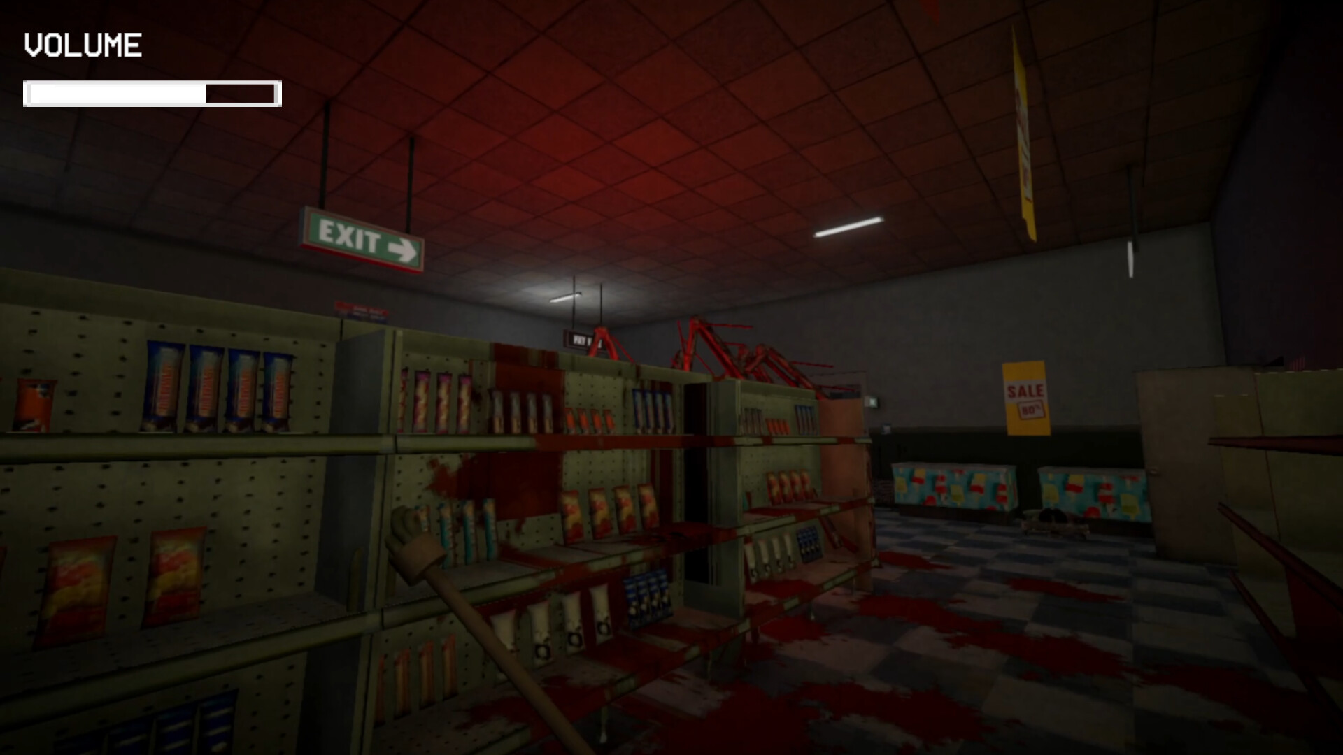 Shop aisles at night lit red from the ceiling, with snacks on the shelves, an illuminated EXIT sign overhead, a SALE 80% poster on the far wall and blood across the shelving and the checkered floor.