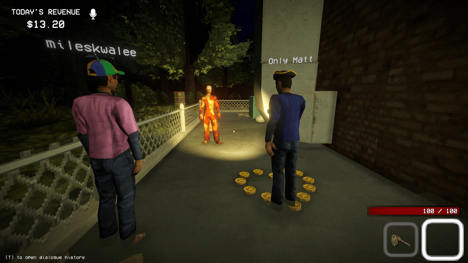 Two player characters standing on a path outside at night, facing a humanoid figure that glows orange, with coins scattered on the ground between them.