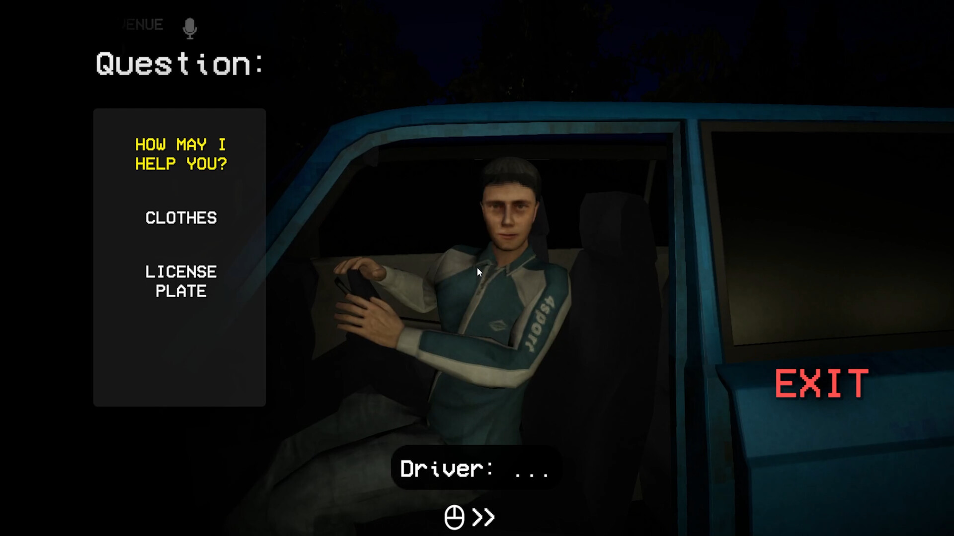 A questioning menu offering how may I help you, clothes and license plate as lines of enquiry, with a driver seated in a car at night and a timer icon below.
